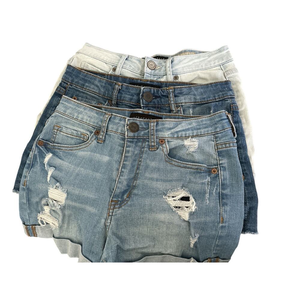Aeropostale BUNDLE Womens Midi Jean Shorts Blue Cuffed Distressed Ripped Sz 2
